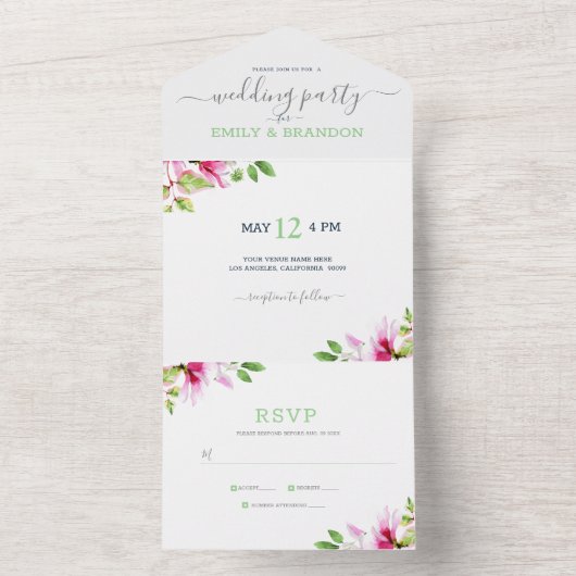 Roze bloemen lijst in één uitnodiging (Binnen)