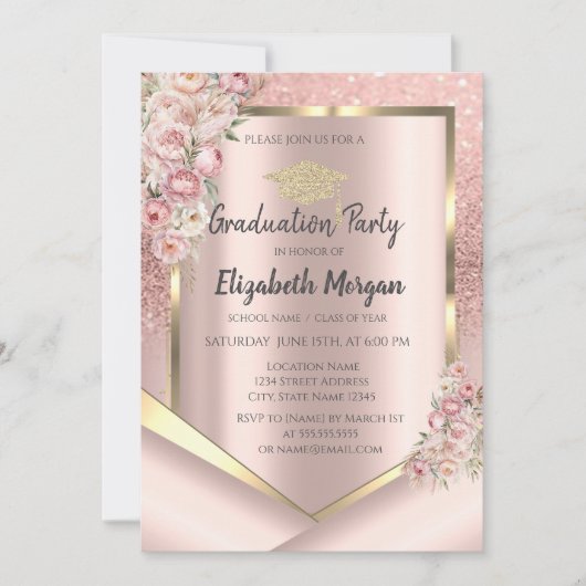 Roze Bloemen Lijst Roos Gouden Glitter Afstuderen Kaart (Voorkant)