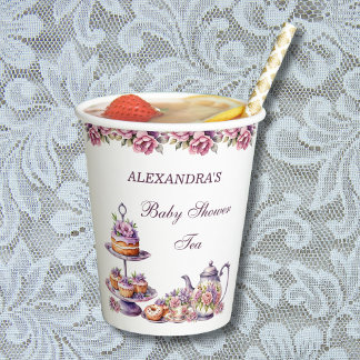 Roze Bloemen Lila Tea Party Baby Meisje Douche Papieren Bekers