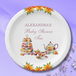Roze Bloemen Lila Tea Party Baby shower Papieren Bordje