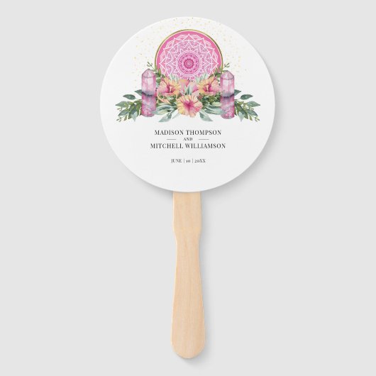 Roze Bloemen Mandala Kristallen Metafysische Bruil Handwaaier (Achterkant)