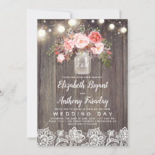 Roze bloemen Mason Jar Rustic Lace Wedding Kaart