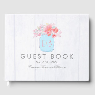 Roze Bloemen Mason Jar Rustieke bruiloft Gastenboek