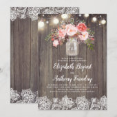 Roze Bloemen Mason Jar Rustieke Kant repetitie din Kaart (Voorkant / Achterkant)