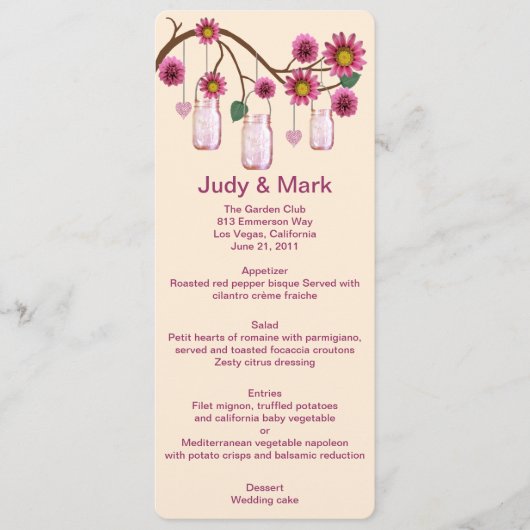Roze bloemen Mason Jars Menu Kaart (Voorkant)