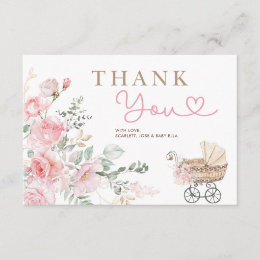Roze Bloemen Meisje Baby Carriage Shower Dank u Informatiekaartje (Voorkant)