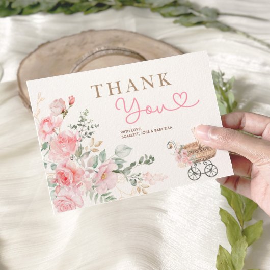 Roze Bloemen Meisje Baby Carriage Shower Dank u Informatiekaartje