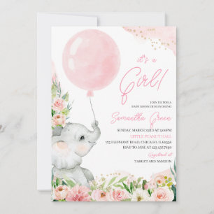 Roze Bloemen Meisje Olifant Baby shower Kaart