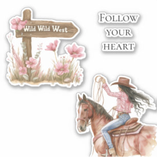 Roze Bloemen Meisje Wild West Meisje op paard Sticker