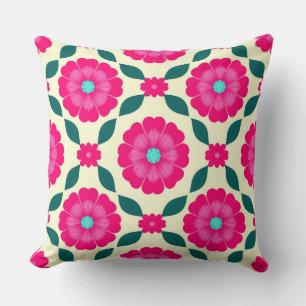 Roze Bloemen Met Blauwe Centra en Groene Bladeren Kussen
