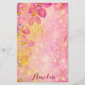 Roze bloemen met Bokeh Sparkles & Verf Spletters Briefpapier (Voorkant)