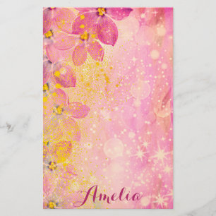 Roze bloemen met Bokeh Sparkles & Verf Spletters Briefpapier