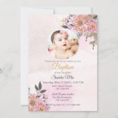 Roze Bloemen met Foto Baptisme Uitnodiging (Voorkant)