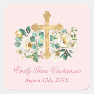 Roze Bloemen met Gouden Kruis Doop Vierkante Sticker