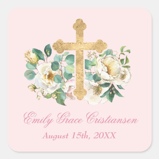 Roze Bloemen met Gouden Kruis Doop Vierkante Sticker (Voorkant)