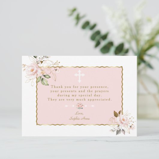 Roze Bloemen Met Gouden Lijst Kruis Doop Bedankkaart (Staand voorkant)