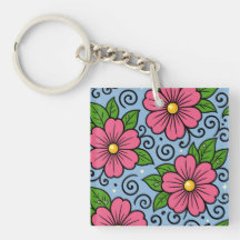 Roze bloemen met groene bladeren en gebogen detail