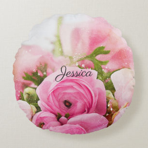  roze bloemen met Jouw naam Rond Kussen