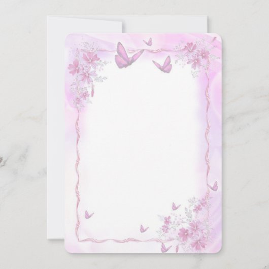 Roze Bloemen met Vlinders Bruiloft Kaart (Achterkant)
