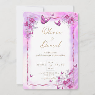 Roze Bloemen met Vlinders Bruiloft Kaart