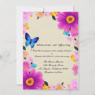 Roze Bloemen met Vlinders Bruiloft Kaart