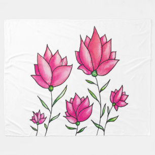 Roze Bloemen Minimalistische Ink Waterverf Art Fleece Deken