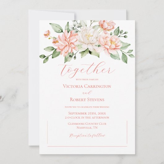 Roze Bloemen Moderne Waterverf Huwelijksuitnodigin Kaart (Voorkant)