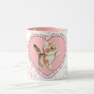 Roze Bloemen Mok met Speelse Kitten Hart