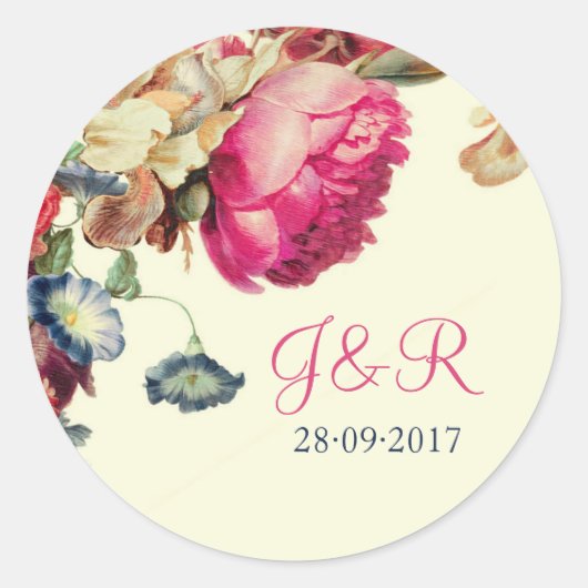 Roze  Bloemen Monogram Bruiloft Sticker (Voorkant)