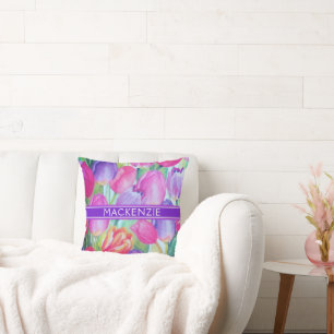 ROZE BLOEMEN Monogram WITTE TEKST Kussen