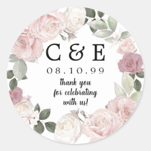 Roze Bloemen Monogrammed Bruiloft Dank u Ronde Sticker