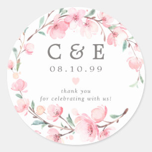 Roze Bloemen Monogrammed Bruiloft Dank u Ronde Sticker