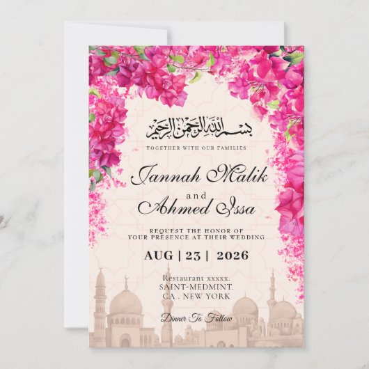 Roze Bloemen Moskee Moslim bruiloft uitnodiging (Voorkant)