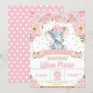 Roze Bloemen Olifant 1e Verjaardag Uitnodiging Mei