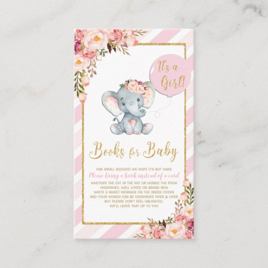 Roze Bloemen Olifant Baby shower Breng een Boek Ka Informatiekaartje (Voorkant)