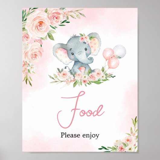 Roze Bloemen Olifant Balloon Baby shower Eten Poster (Voorkant)