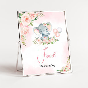 Roze Bloemen Olifant Balloon Baby shower Eten Poster