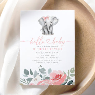 Roze Bloemen Olifant Meisje Baby shower Kaart