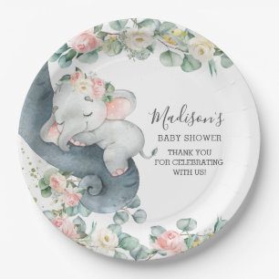 Roze Bloemen Olifant Meisje Baby shower Verjaardag Papieren Bordje
