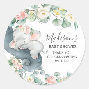 Roze Bloemen Olifant Meisje Baby shower Verjaardag Ronde Sticker