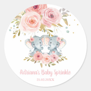 Roze Bloemen Olifant Twin Meisjes Baby shower Favo Ronde Sticker