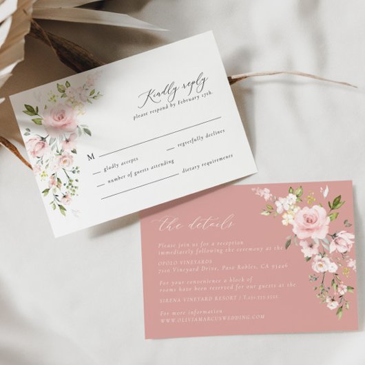 Roze Bloemen Olijf Bruiloft Details Behuizing Kaar Informatiekaartje