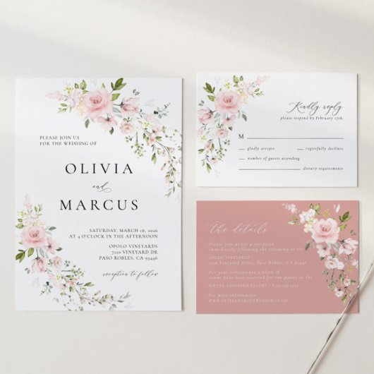 Roze Bloemen Olijf Bruiloft Details Behuizing Kaar Informatiekaartje