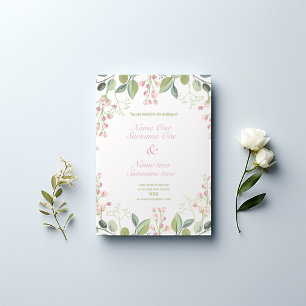 Roze bloemen, olijfbladeren, tuinbruiloft kaart