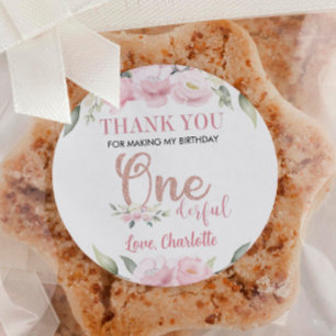 Roze Bloemen Onederful Labels Verjaardag Baby show