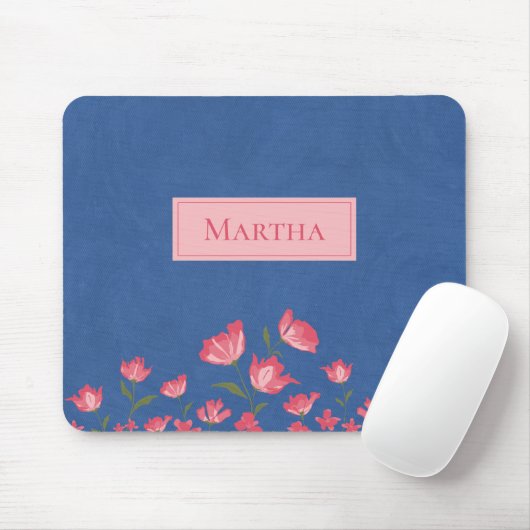  roze bloemen op blauwe Waterverf Muismat (Met muis)