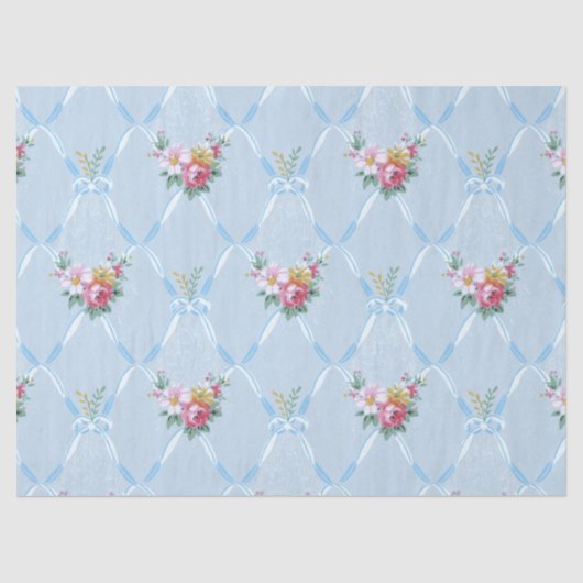 Roze  bloemen op de blauwe lint Trellis Tissuepapier (Voorkant)