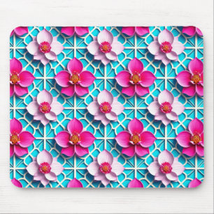 Roze bloemen op een geometrische blauwe achtergron muismat