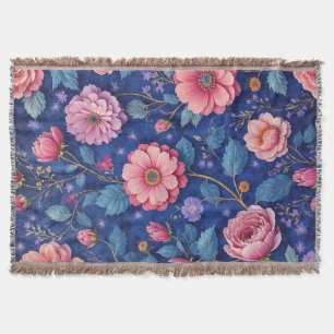 Roze bloemen op een levendig blauw patroon deken