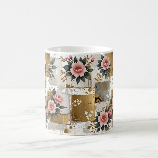 Roze bloemen op gouden en witte pleinen koffiemok (Center)